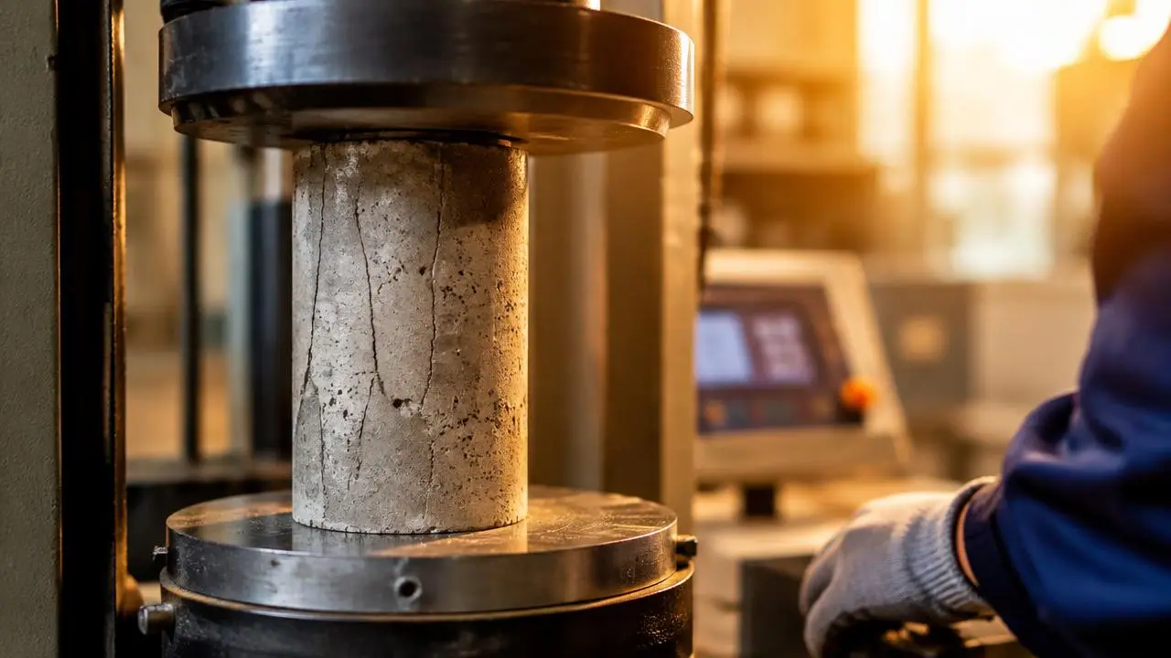 Concrete cylinder sample in a compression testing machine in a construction materials lab