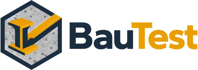 BauTest logo – steel beam checkmark in a concrete hexagon